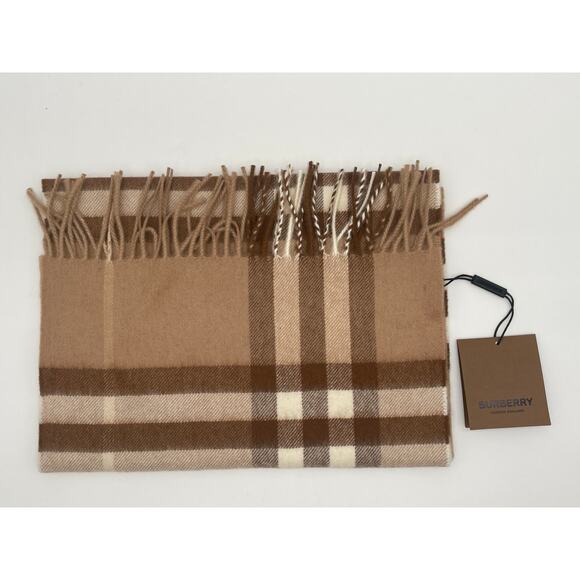 NEW BURBERRY 100% CASHMERE CHECK PLAID SCARF UNISEX MID CAMEL NWT! - Picture 5 of 12
